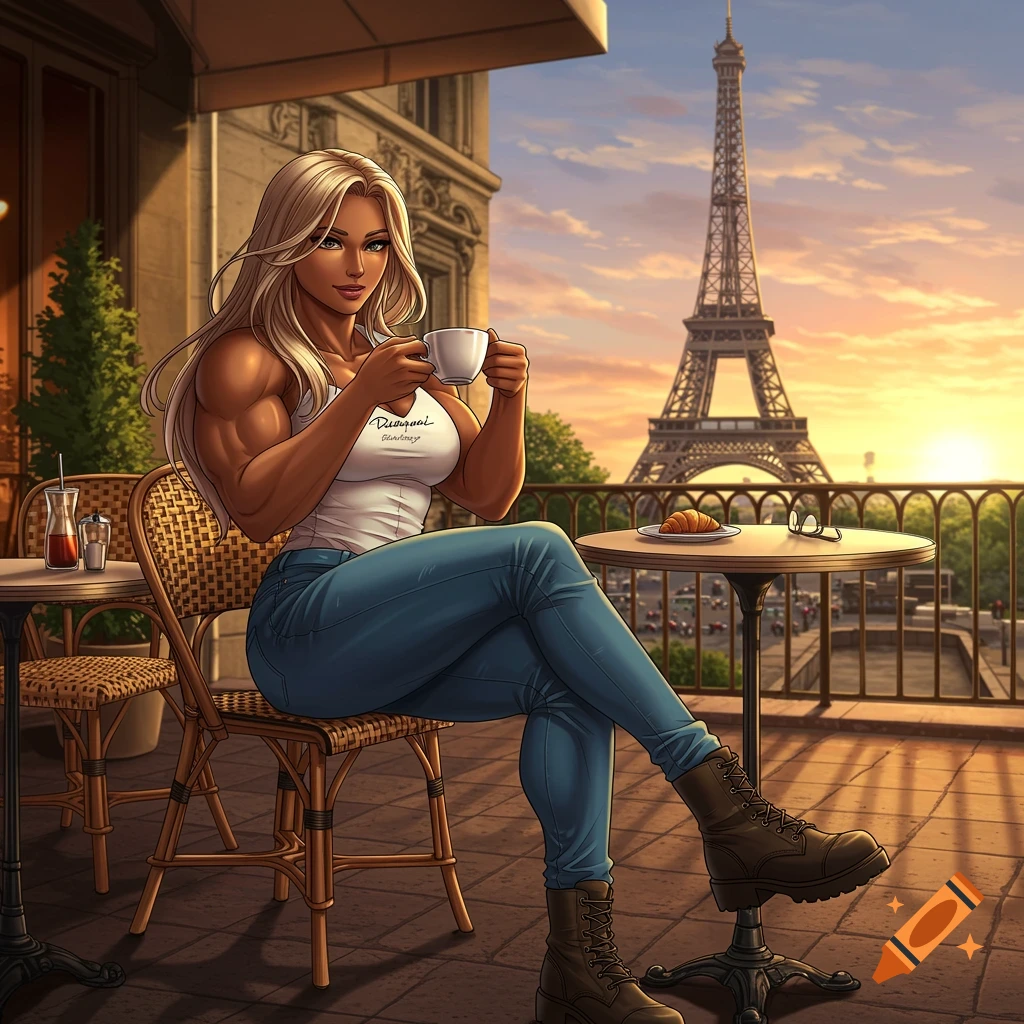 A muscular woman with blonde hair sits at an outdoor cafe table, drinking coffee, with the Eiffel Tower in the background at sunset in an anime style.