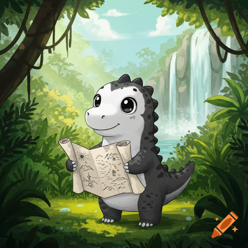 A cute black and white cartoon dinosaur stands in a lush jungle, holding an adventure map. A waterfall is in the background.