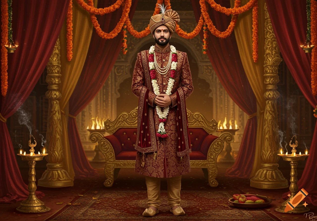 A man dressed as an Indian groom in a traditional, ornate setting with red and gold decor and flower garlands, photorealistic.