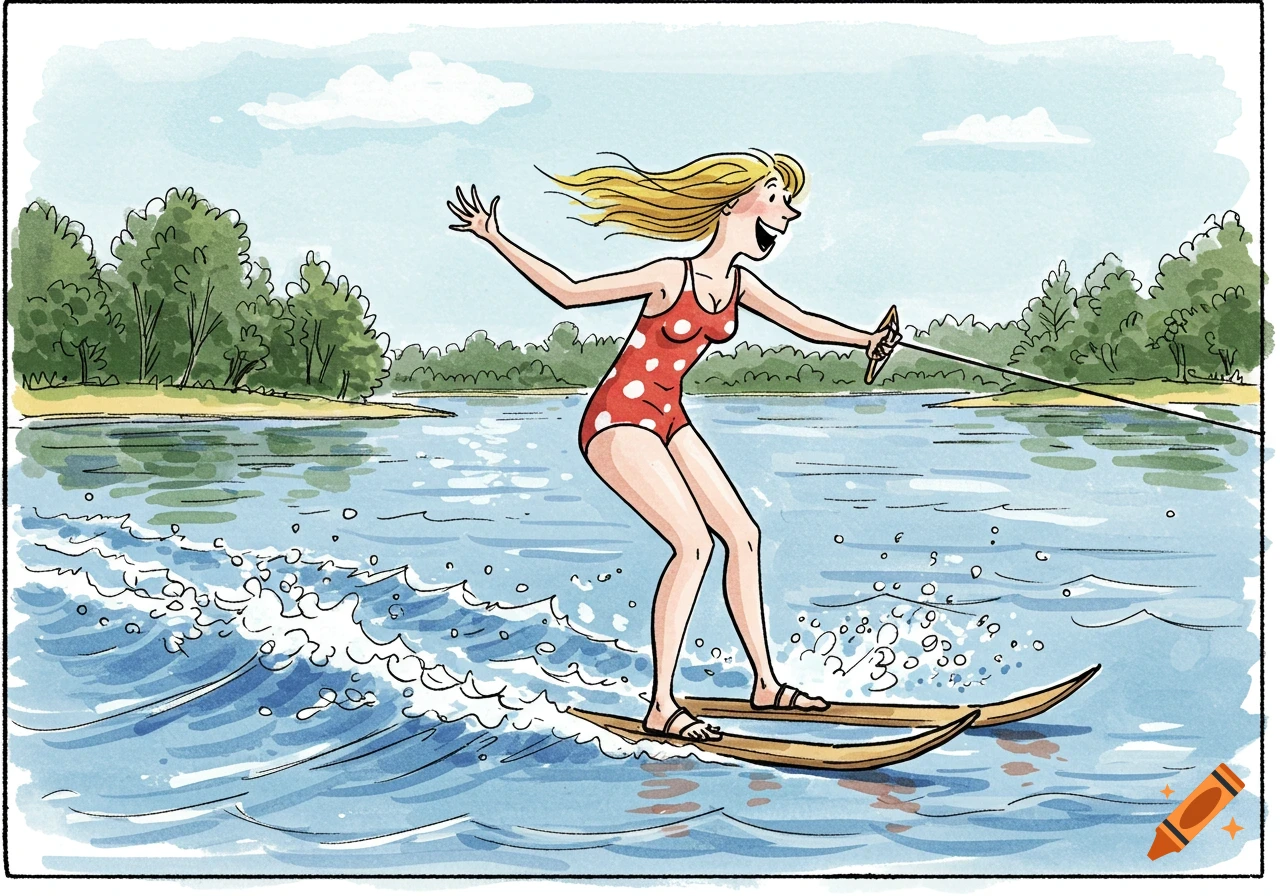 Cartoon illustration of a smiling woman in a red swimsuit waterskiing on a lake, with trees on the shore.