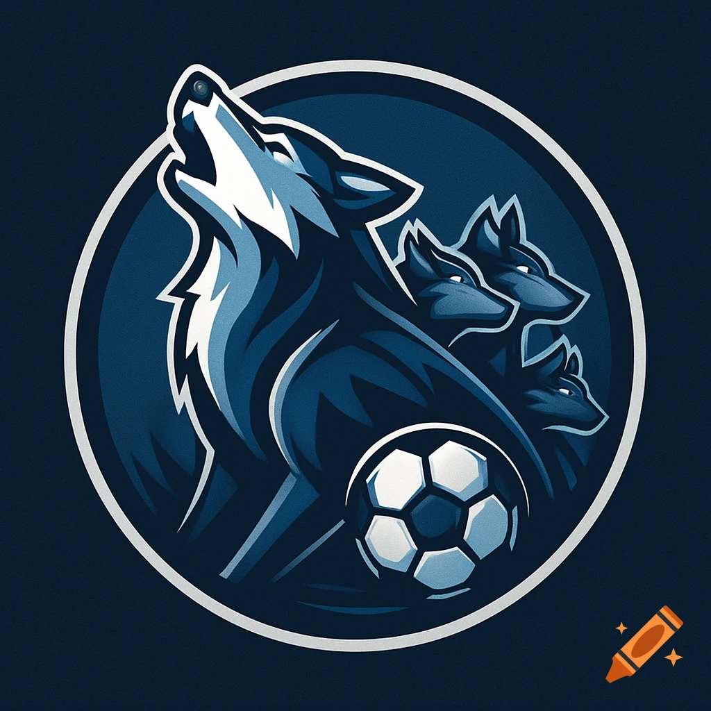 A blue and white sports logo featuring a howling wolf, two other wolves, and a soccer ball inside a white circle.