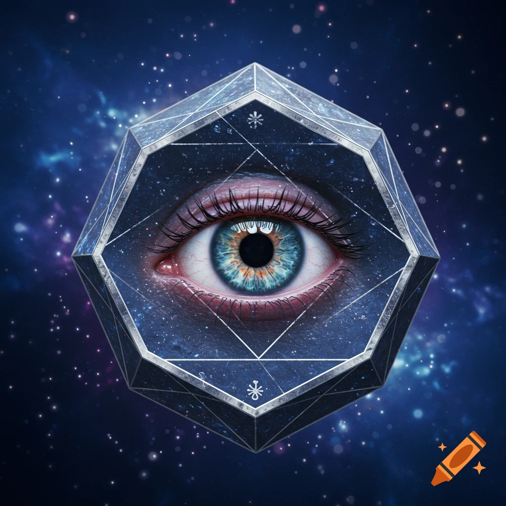 A photorealistic blue and orange human eye centered within a multifaceted geometric object against a starry cosmic background.