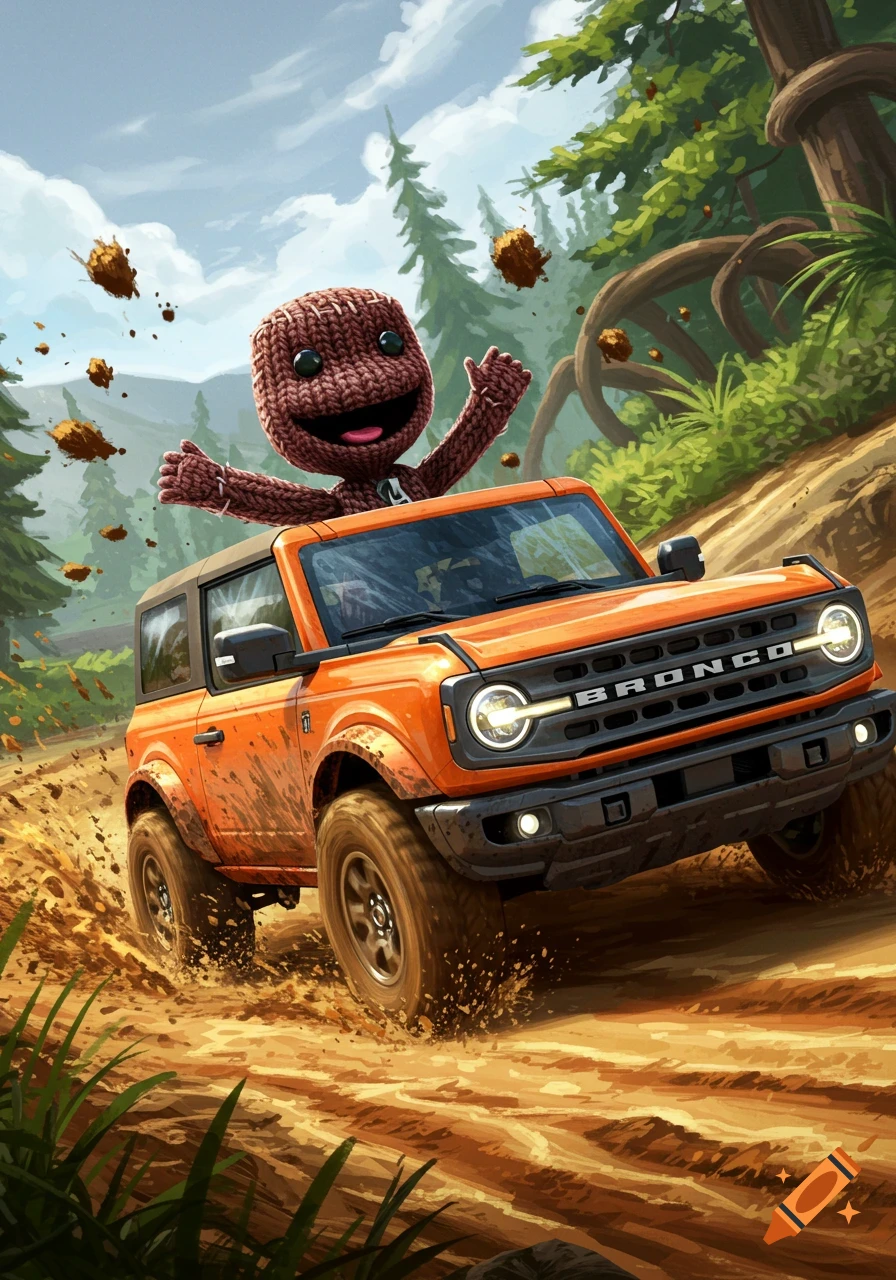Sackboy driving an orange Ford Bronco through a muddy forest path, splashing mud. Illustrated cartoon style.