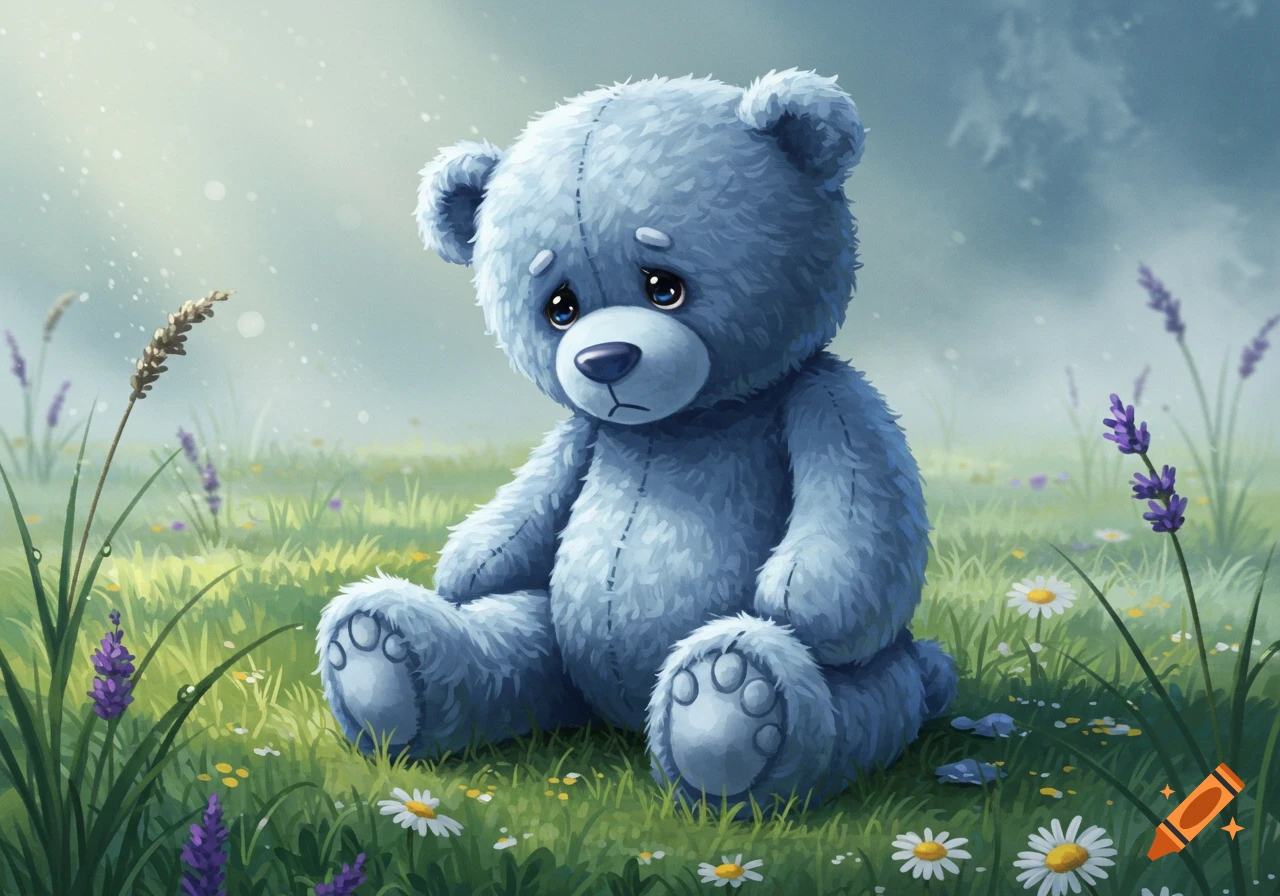 A sad, blue teddy bear sits in a grassy field filled with white and purple flowers, in an illustration style.