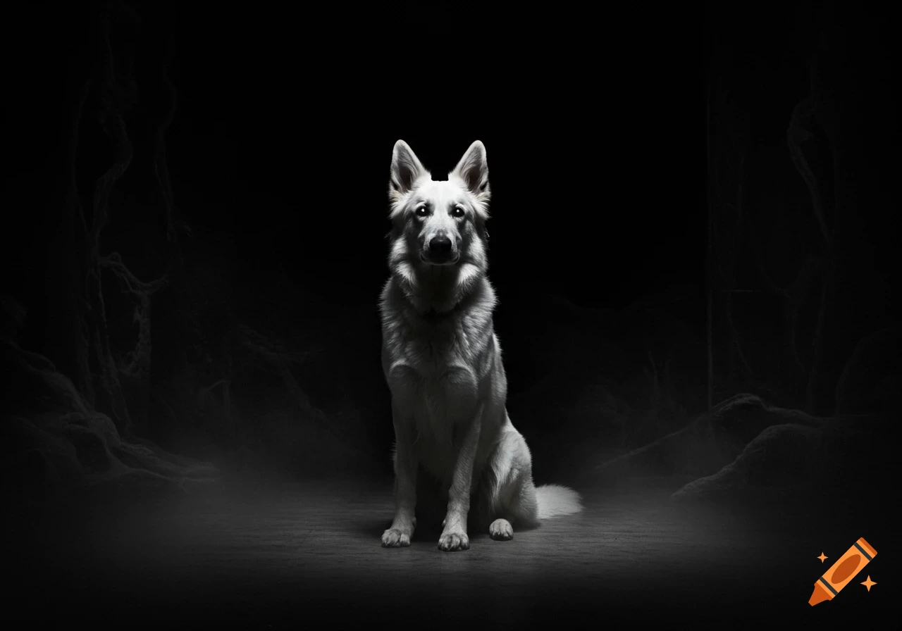 A white German Shepherd dog sits centrally in a pitch-black room, illuminated by a spotlight, with glowing white eyes.