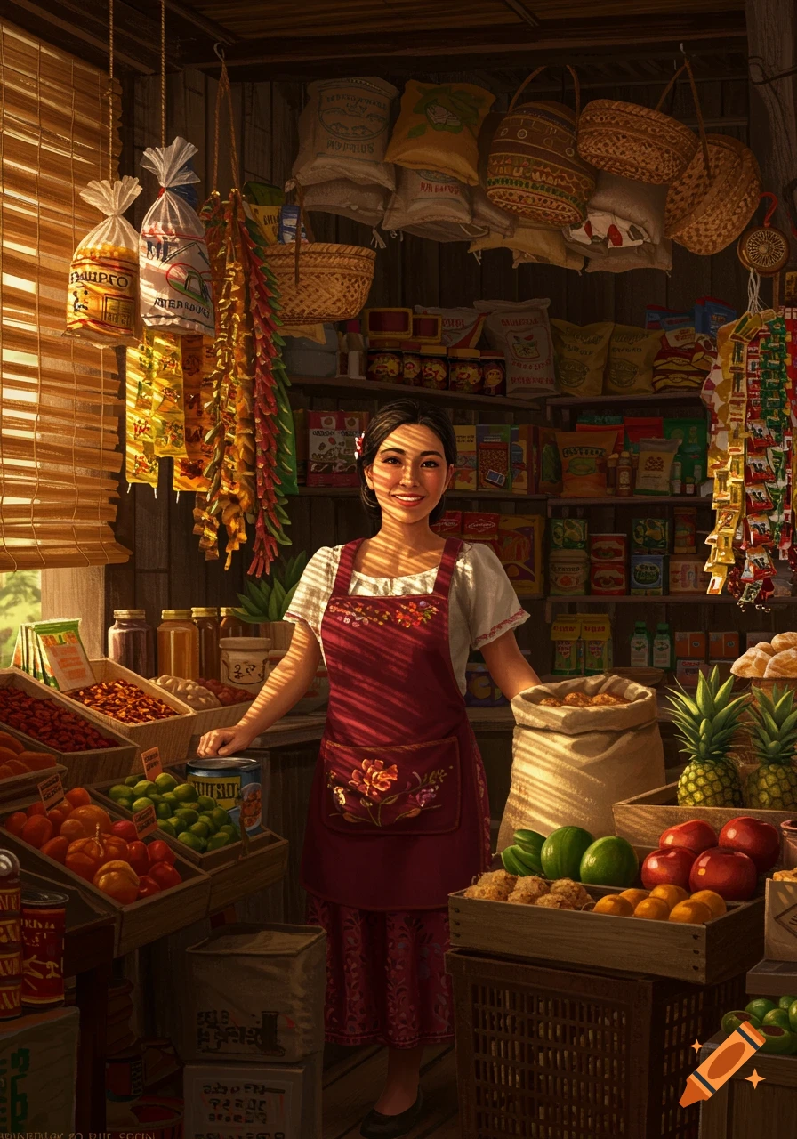 A smiling woman in an apron stands in a rustic market stall, surrounded by baskets of fruit and goods.