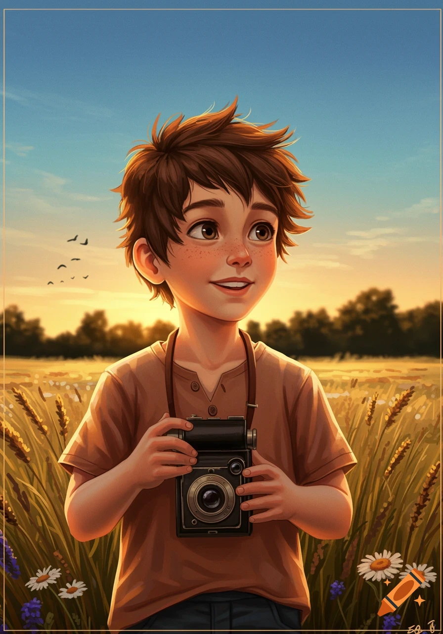 A young boy with brown hair and freckles holds an old-fashioned camera in a sunny field at sunset, in a digital art style.