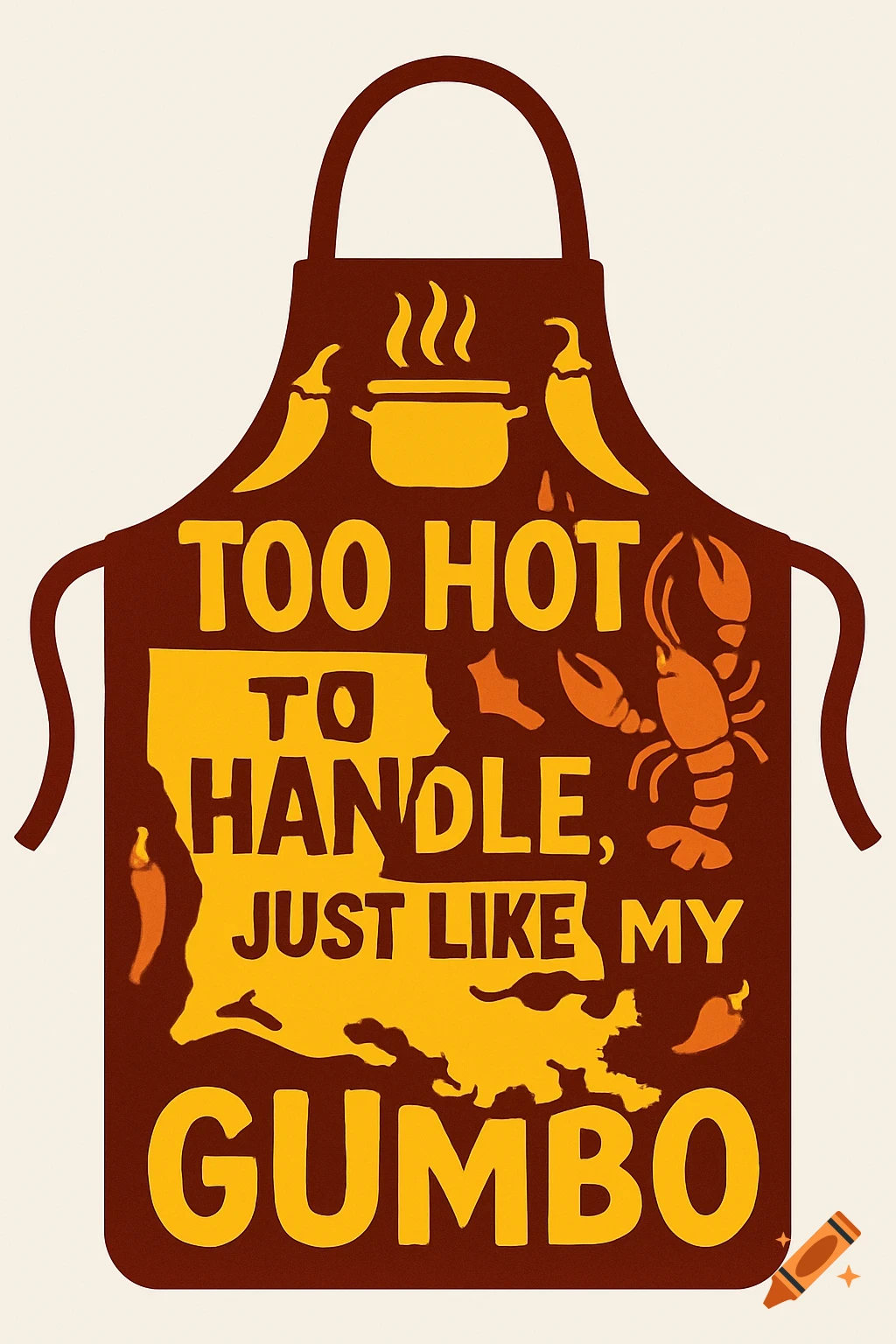 A brown apron design with yellow text 'TOO HOT TO HANDLE, JUST LIKE MY GUMBO', featuring chili peppers, a cooking pot, a crawfish, and the shape of Louisiana.