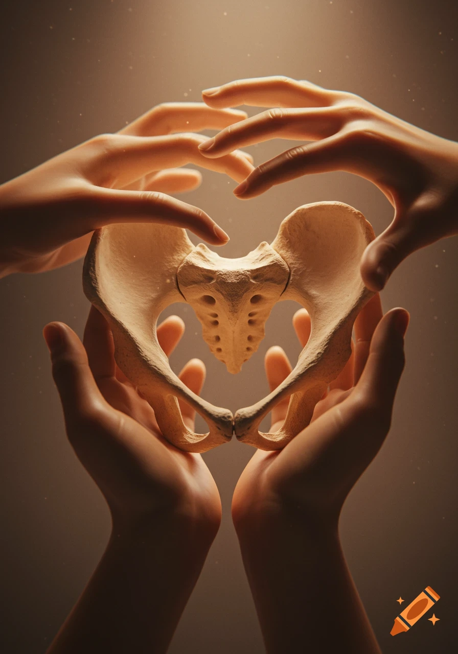 Four hands cradling a human pelvis bone, forming a heart shape, against a soft brown background.