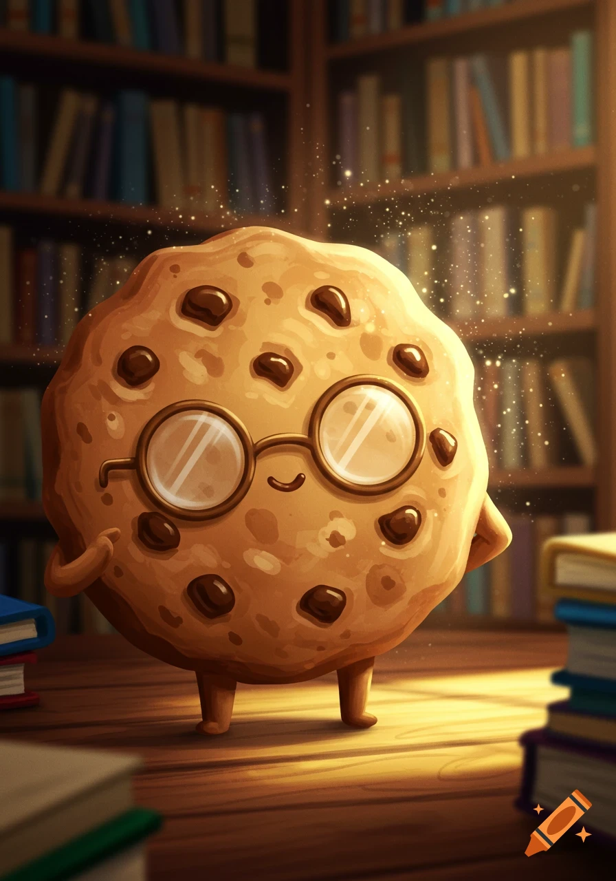 A cute cartoon chocolate chip cookie character wearing round glasses stands in a library filled with bookshelves and stacks of books.
