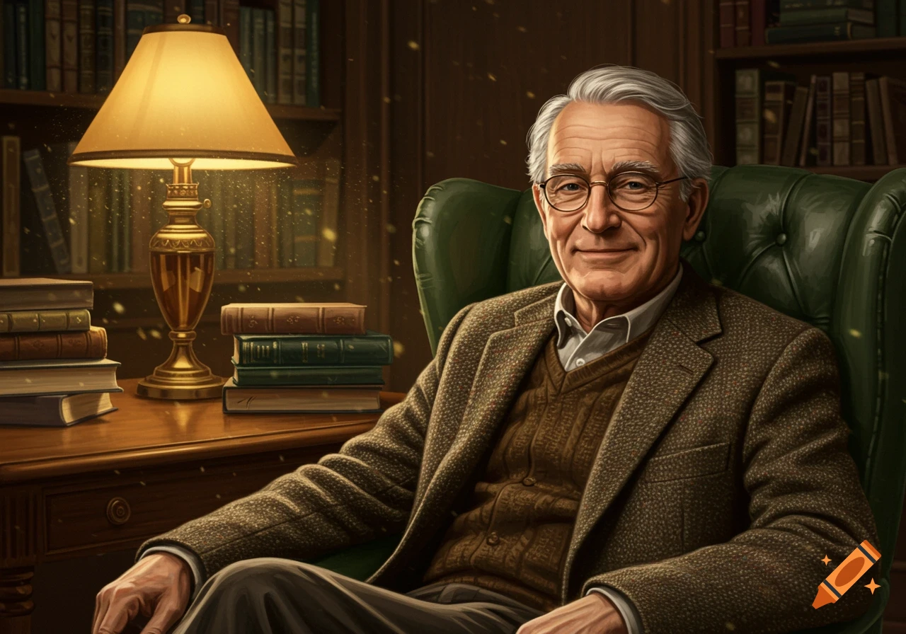 An older gentleman with gray hair and glasses sits smiling in a green armchair in a dimly lit library.