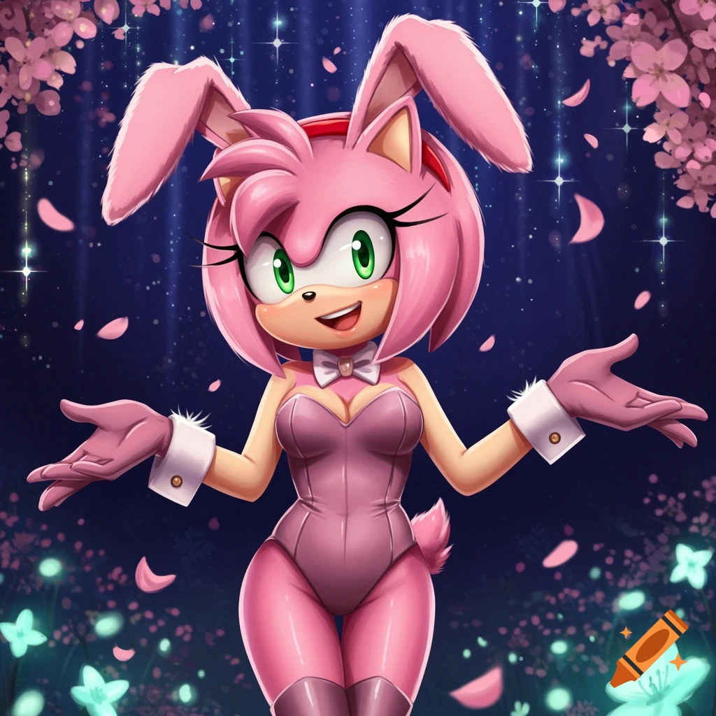 Illustration of Amy Rose, a pink hedgehog, in a pink bunny suit with ears, standing in a magical forest with falling petals.