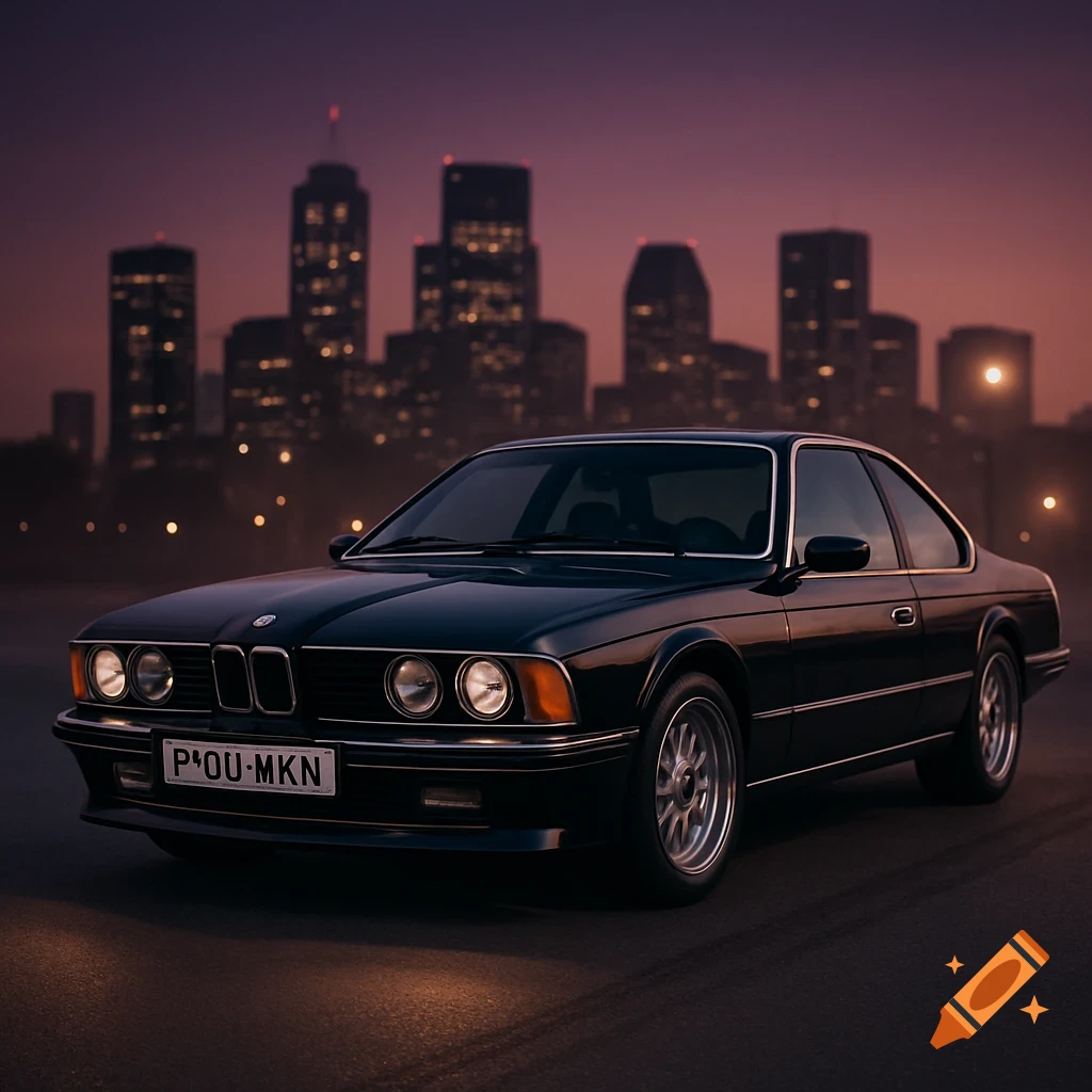 A black classic BMW coupe parked on a road at dusk with a city skyline in the background.