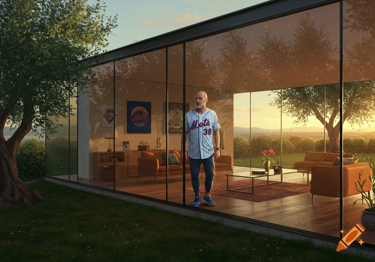 A bald man in a Mets jersey stands in a modern glass house, overlooking a green landscape at sunset. Inside, furniture is visible.