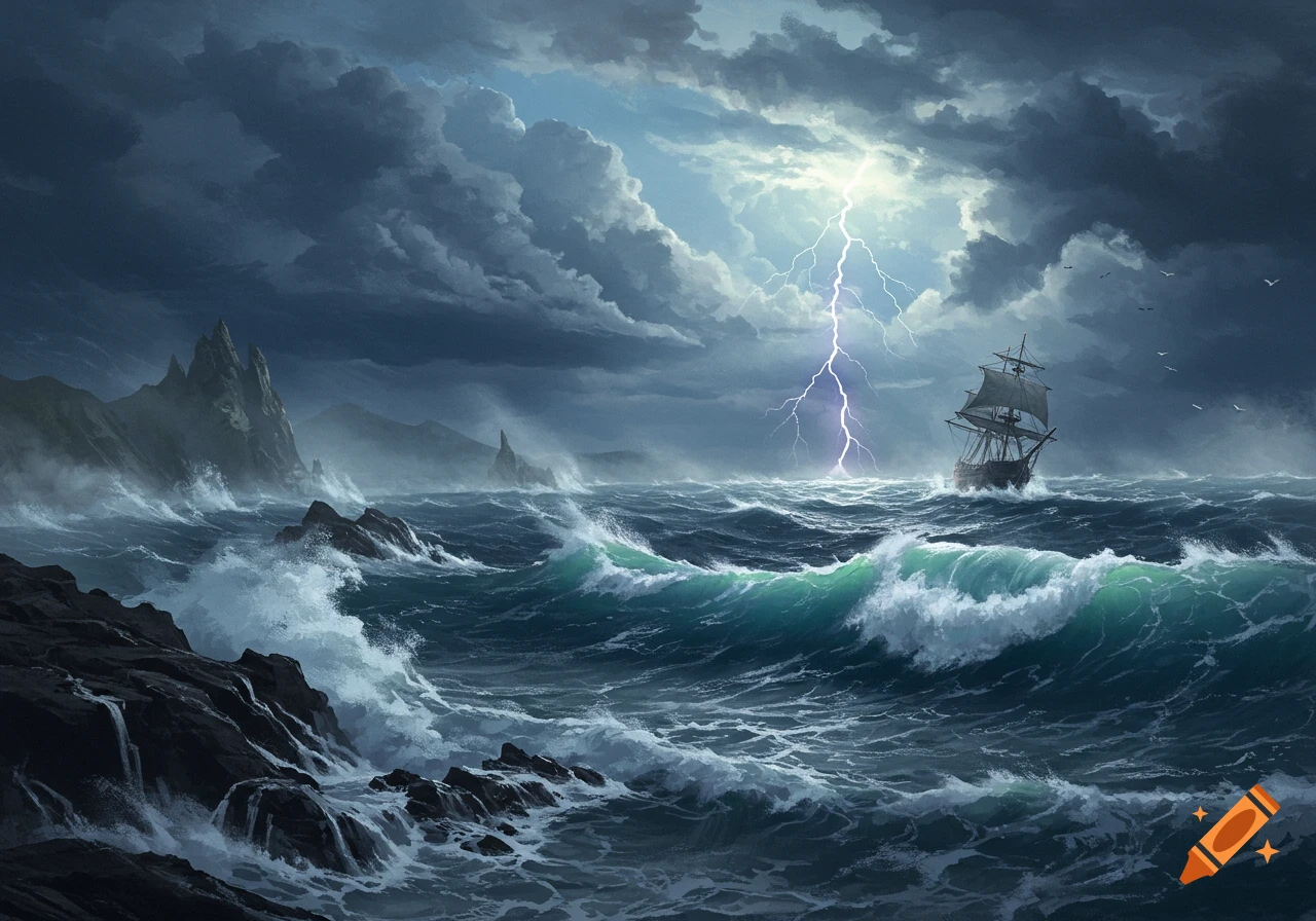 A dramatic painting of a stormy sea with a tall ship being struck by lightning near rocky cliffs.