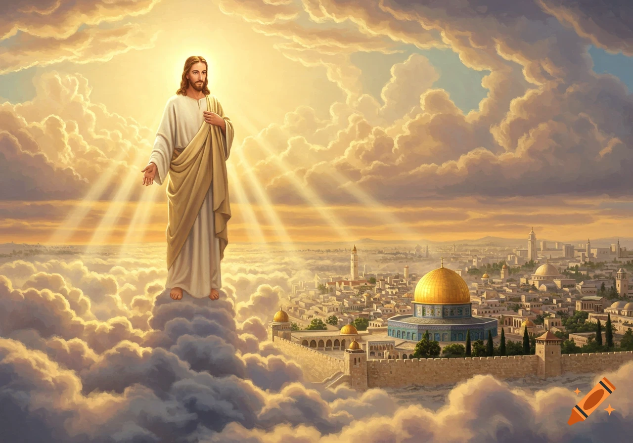 Jesus stands on sunlit clouds above Jerusalem, radiating bright light in a vibrant painting.