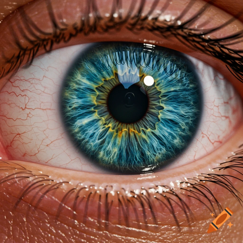 A detailed close-up of a blue-green human eye with visible veins and eyelashes, appearing photorealistic.