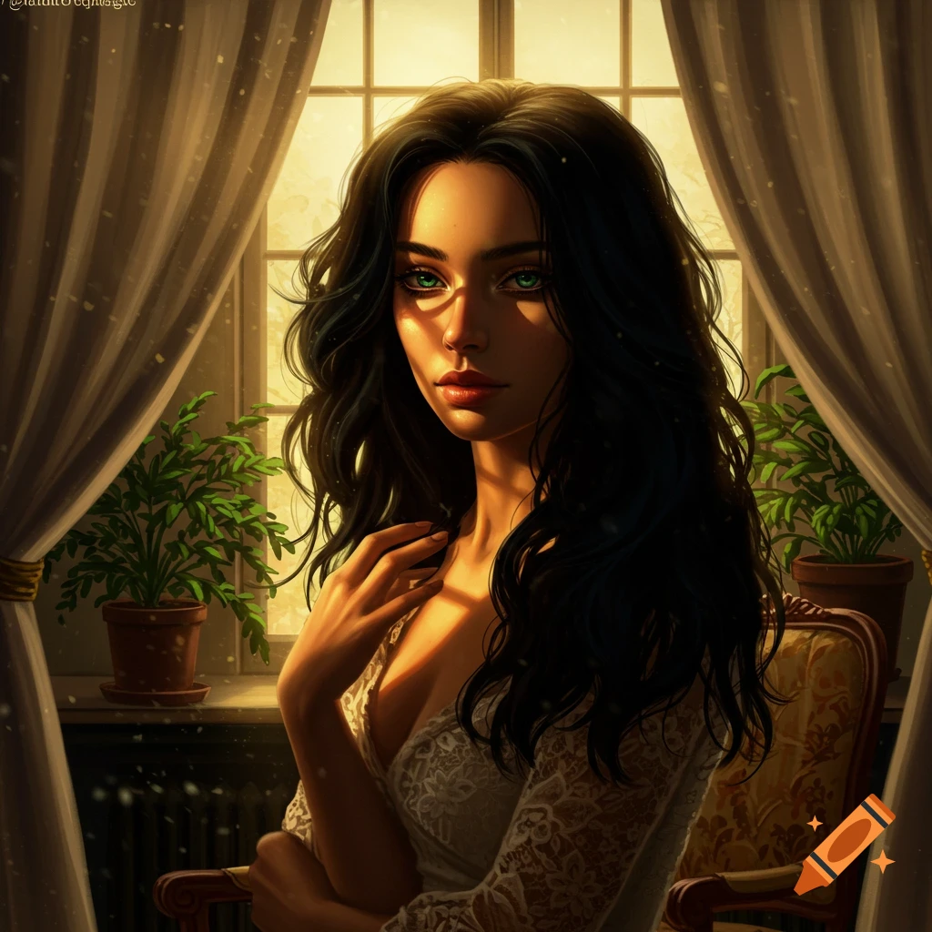 A beautiful woman with dark wavy hair and green eyes looks at the viewer, bathed in golden sunlight from a window.