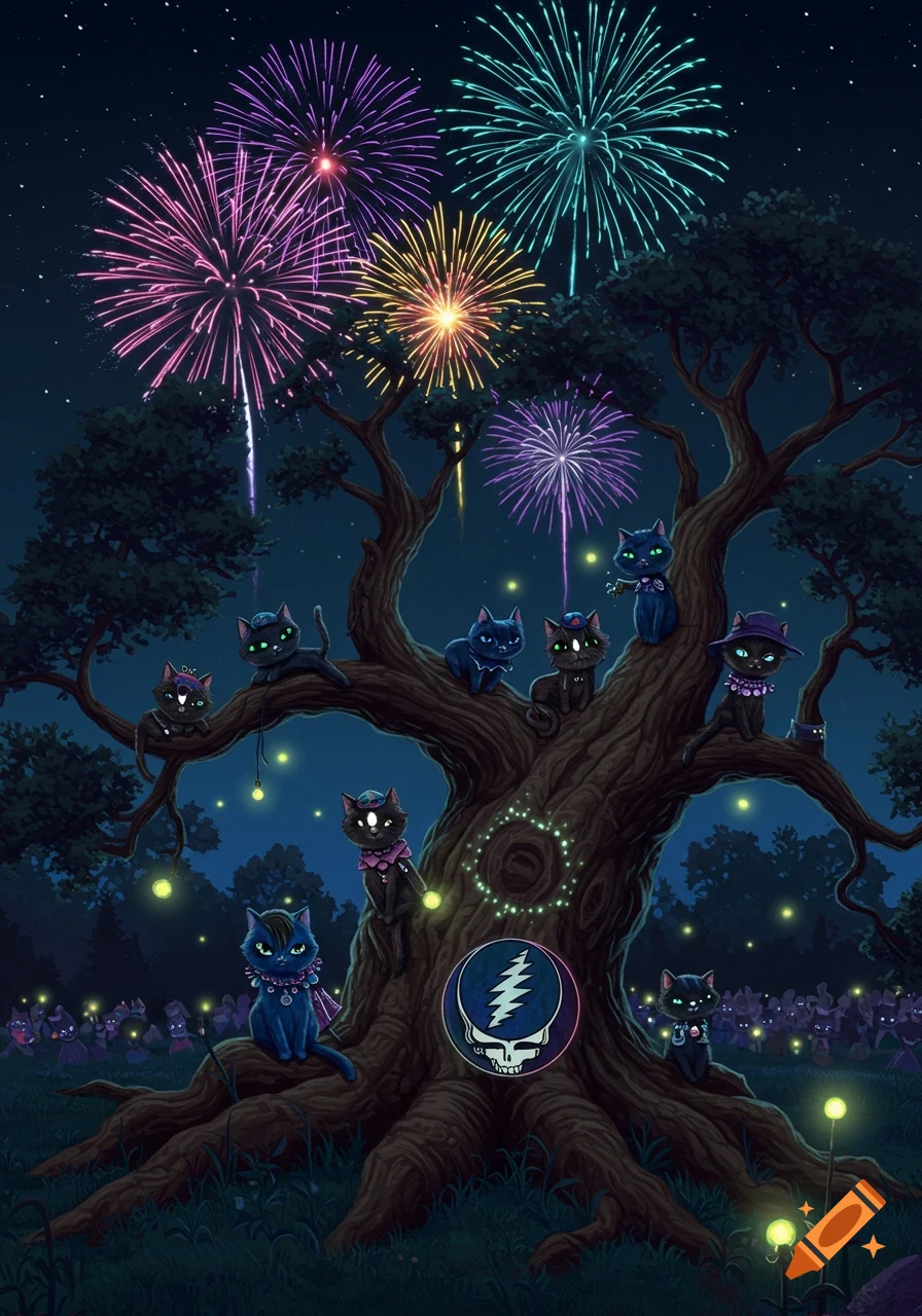 Cartoon emo cats perched in a large tree at night with colorful fireworks exploding in the sky and a Grateful Dead logo on the trunk.