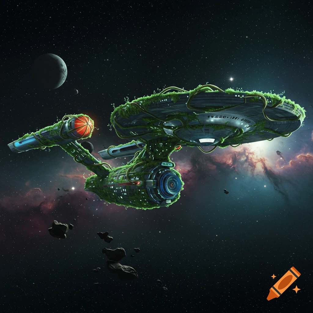 An organic USS Enterprise spaceship covered in green moss and vines floats in space near a planet and nebula.