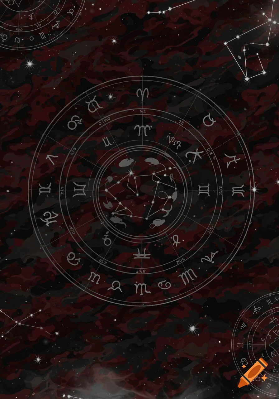 A dark mystical background with red and black camo, featuring astrological charts, zodiac symbols, and scattered constellations.