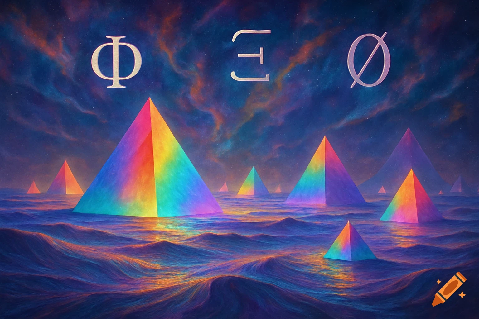 Vibrant rainbow pyramids rise from a wavy, colorful ocean under a cosmic sky with three symbols floating above.