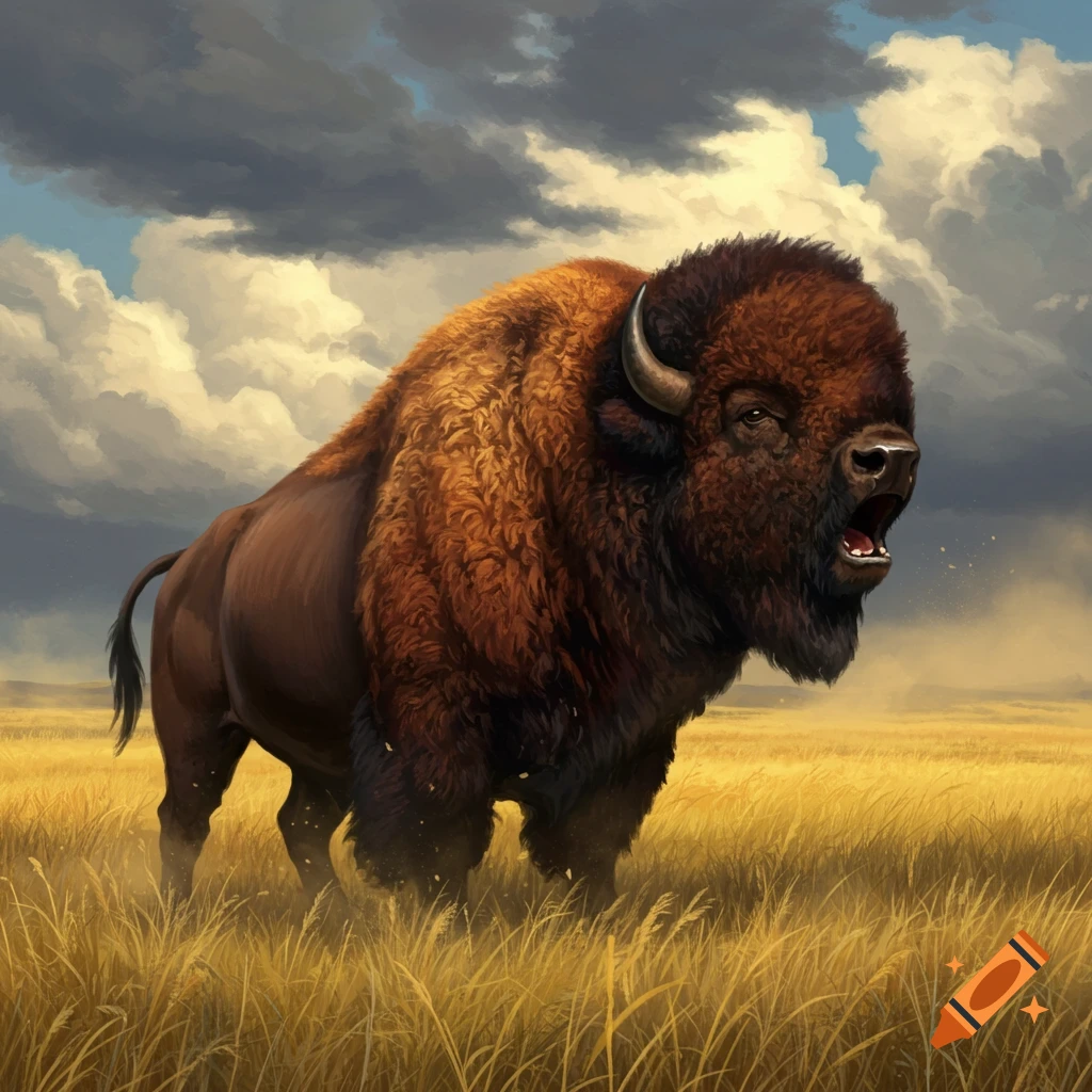 A large, brown bison with its mouth open, appearing to roar or scream, stands in a golden grassy field under a dramatic cloudy sky.