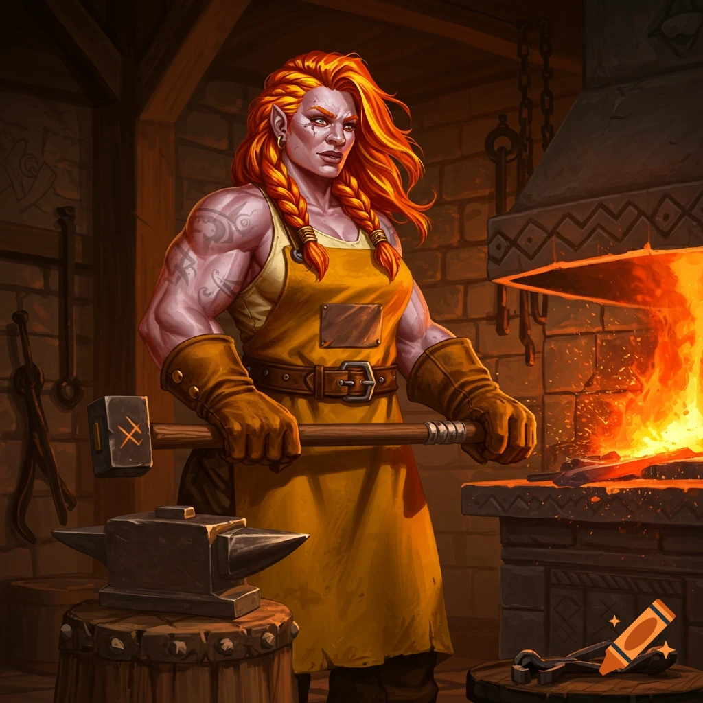 A muscular female dwarf with red hair in braids wears a yellow apron and holds a hammer in a blacksmith's forge, with fire glowing in the background.