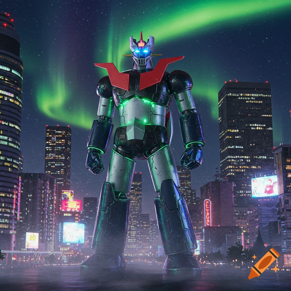 A large, black and silver Mazinger-style robot with glowing green lights stands in a futuristic city at night under a green aurora.