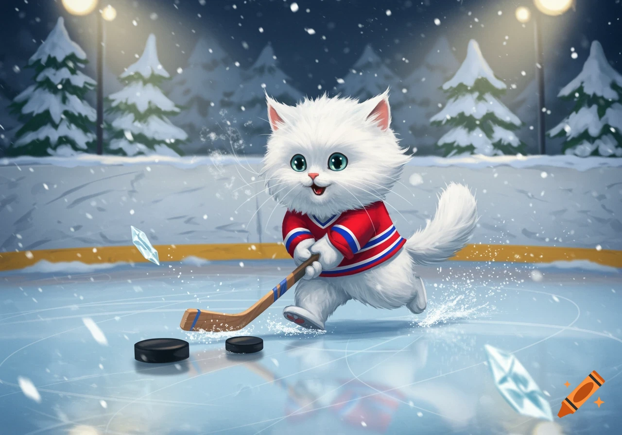 A cute, fluffy white cartoon cat wearing a red and blue jersey plays hockey on an outdoor ice rink, surrounded by snow and trees under falling snow.