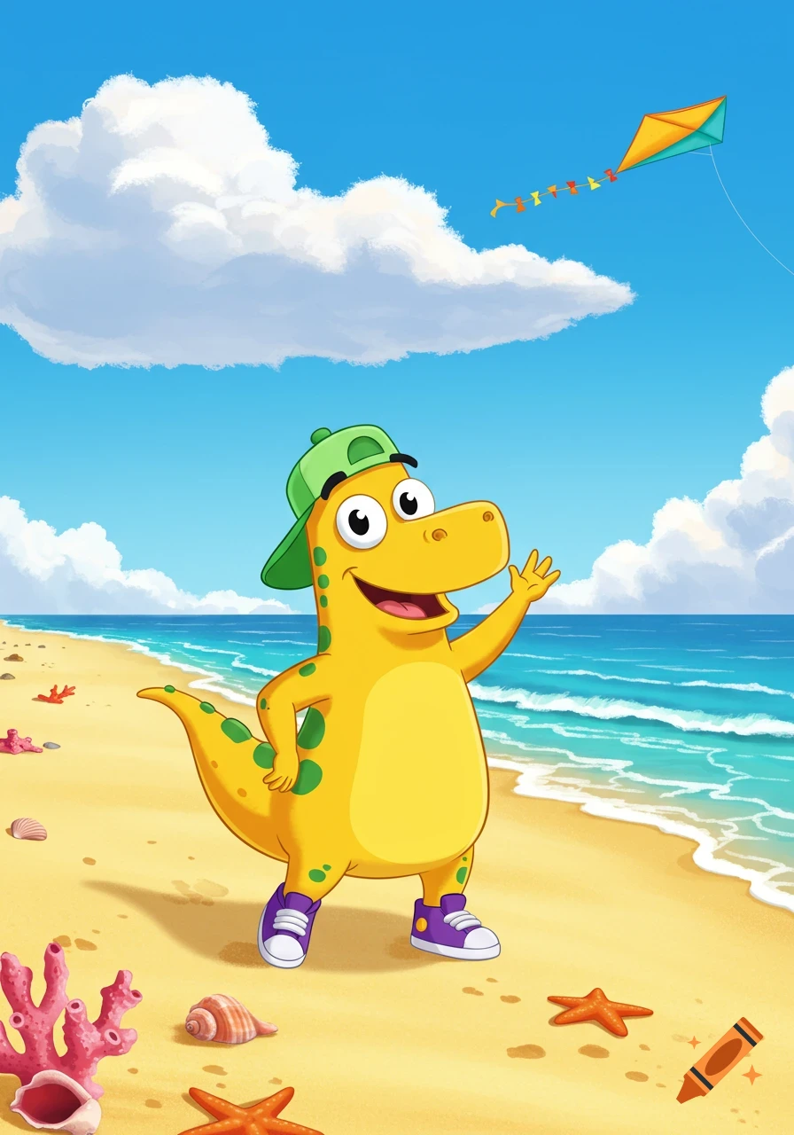 A happy yellow cartoon dinosaur with a green baseball cap stands on a sunny beach, waving. A colorful kite flies in the blue sky.