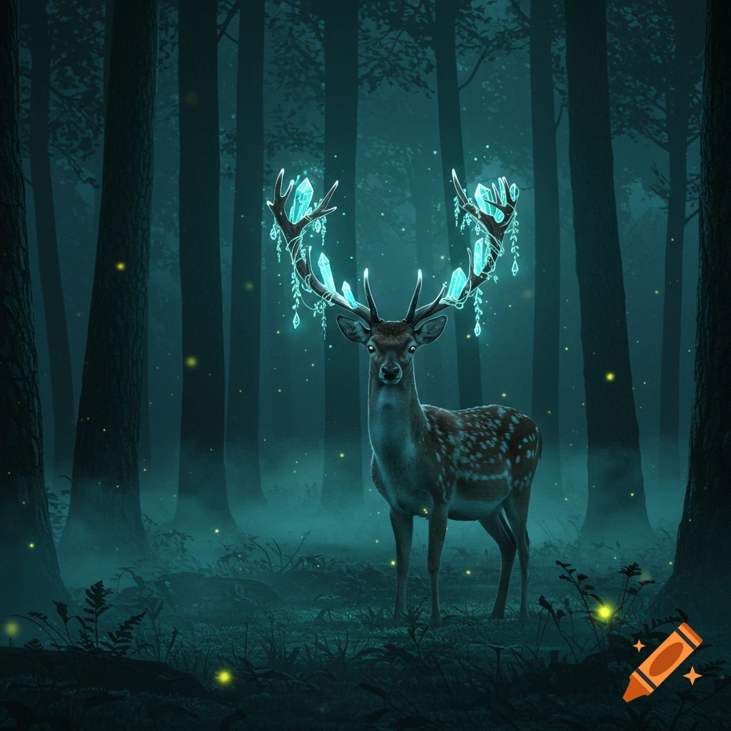 A mystical deer with glowing crystal antlers stands in a dark, misty forest with fireflies.