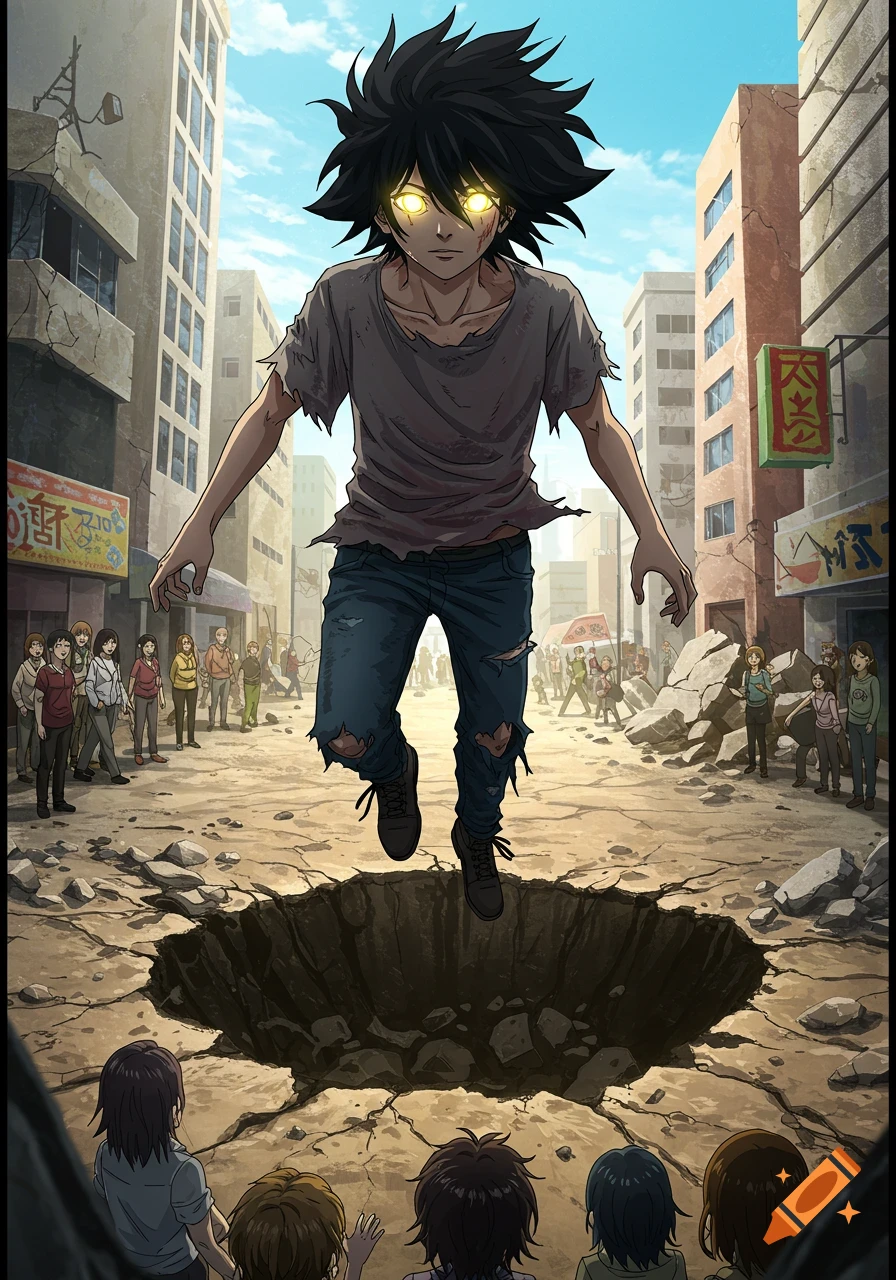 Anime-style young man with glowing eyes floats above a crater in a destroyed city street, observed by crowds.