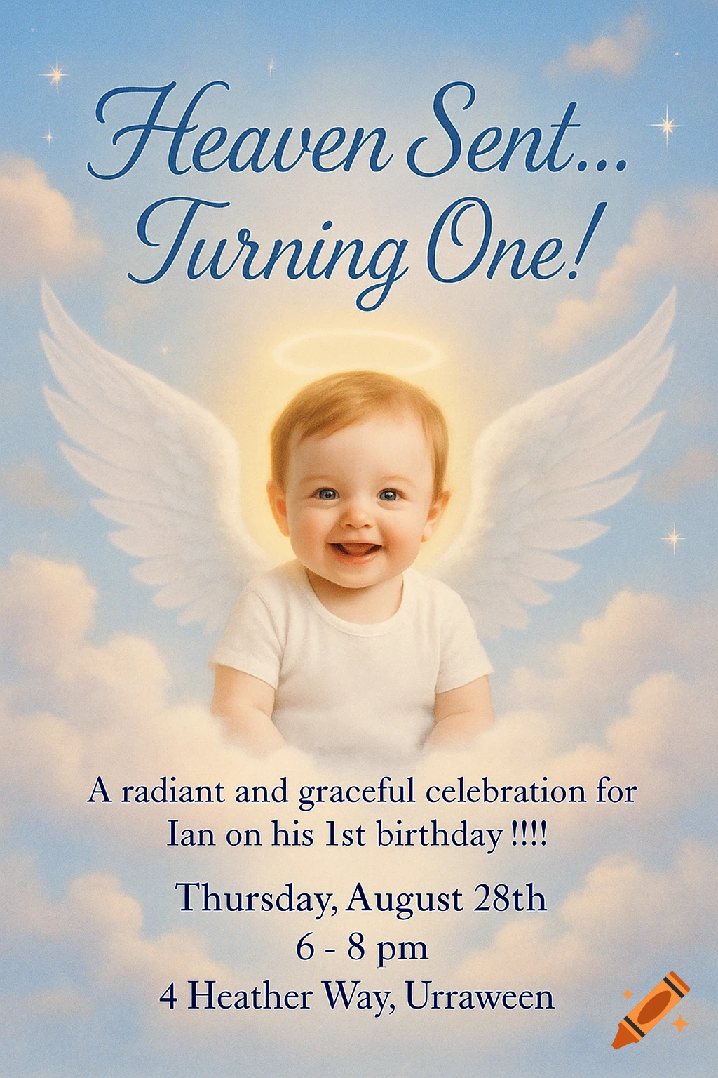 A smiling baby angel with wings and a halo floats on clouds, depicted on a blue birthday flyer titled "Heaven Sent... Turning One!".