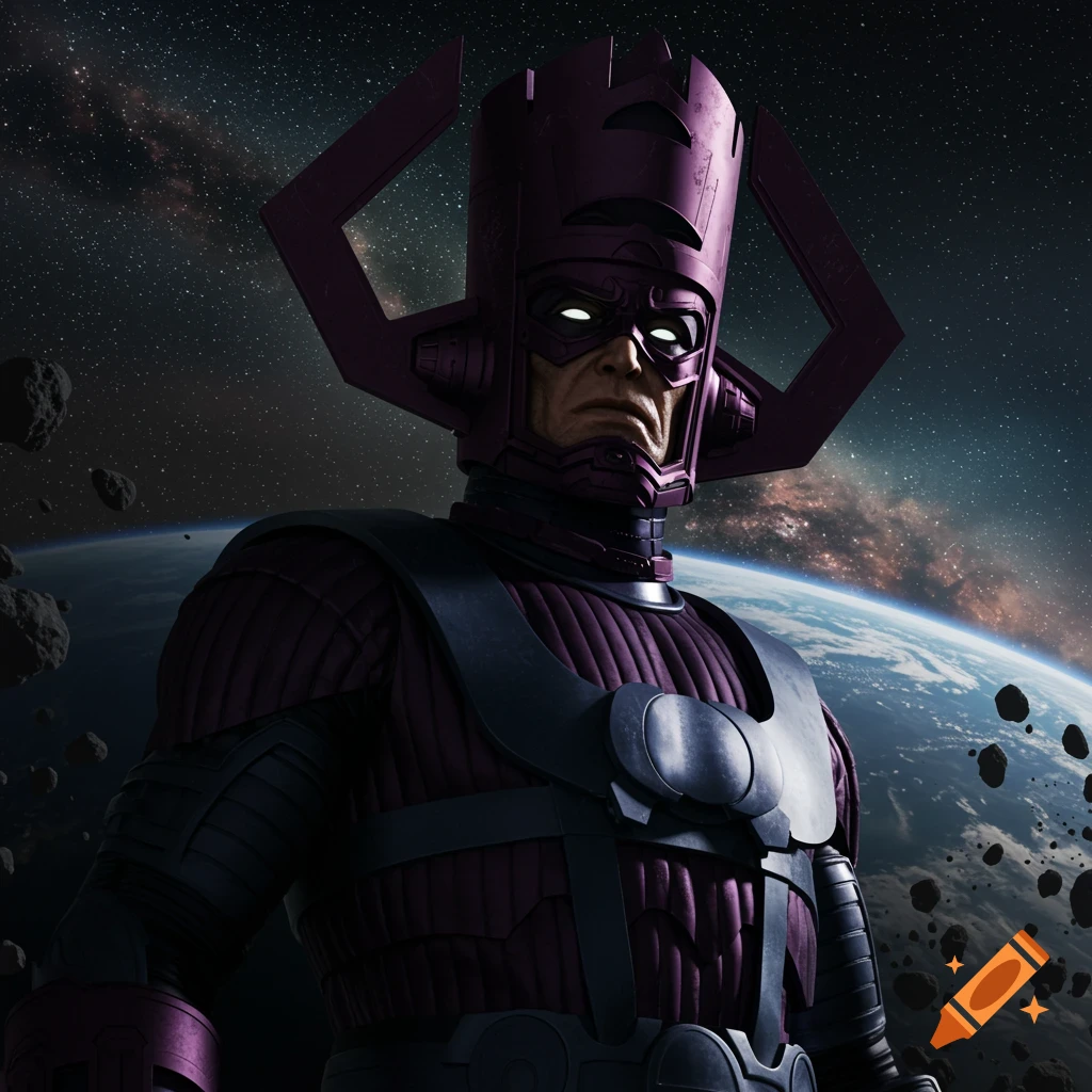Realistic depiction of Marvel's Galactus in purple armor, floating above Earth with asteroids and a starry galaxy background.