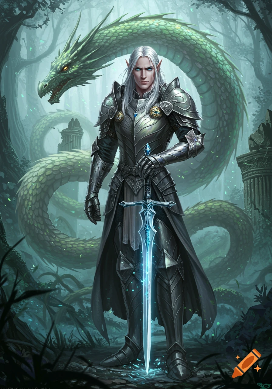 A male elf in silver armor holds a glowing magic sword, with a large green dragon coiled in a misty forest background.