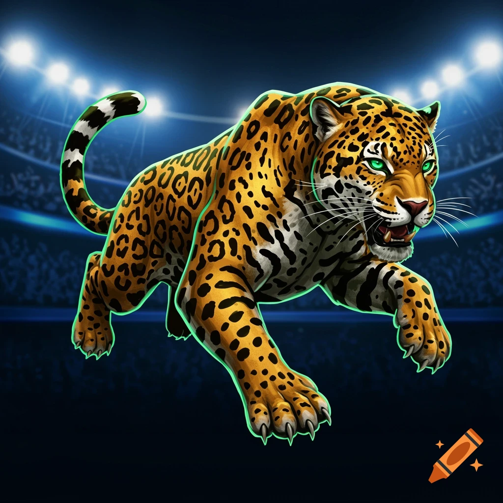 A stylized jaguar with green eyes leaps forward in a sports stadium under bright lights.