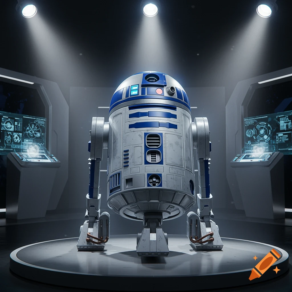 Photorealistic image of an R2D2 robot standing under spotlights in a futuristic lab.
