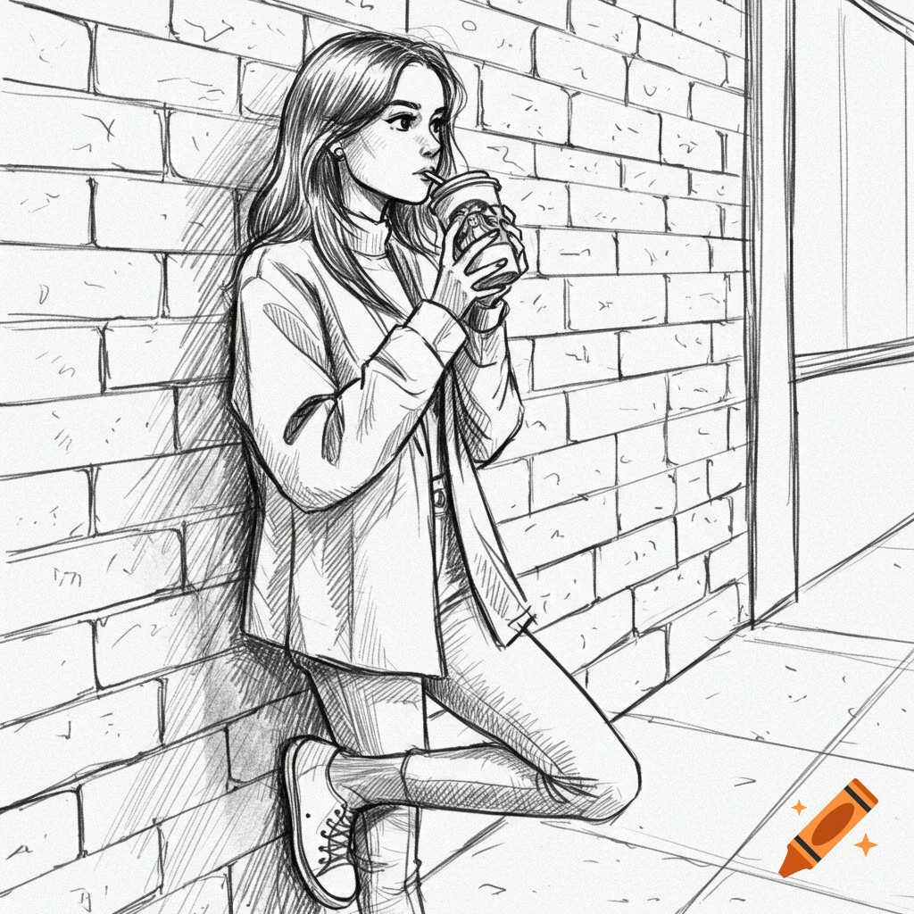 Black and white sketch of a woman drinking from a coffee cup, leaning against a brick wall.