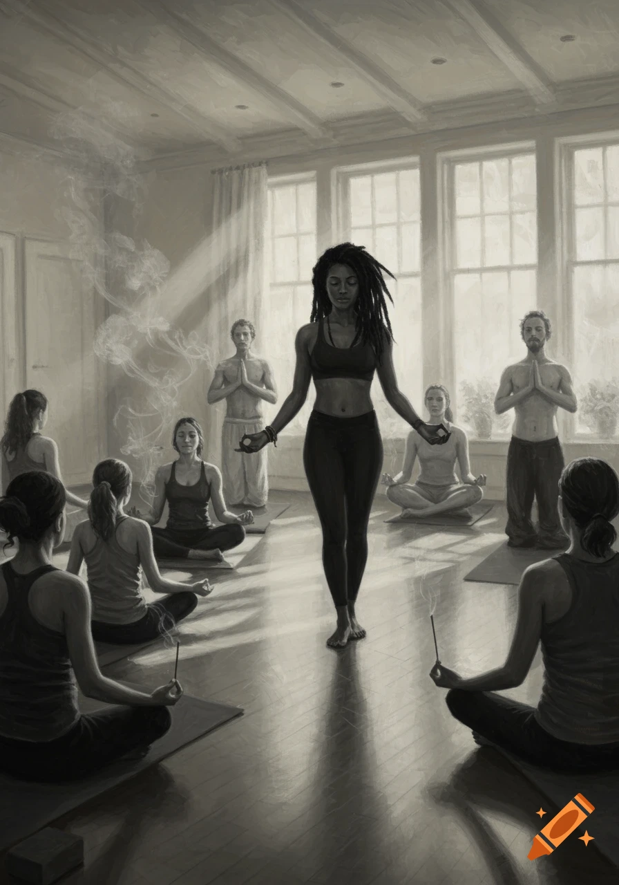 An oiled black and white painting of a yoga and meditation class led by a Black woman with dreadlocks, surrounded by students in a sunlit studio.