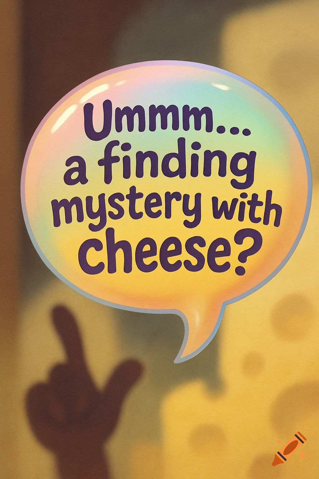 A vibrant speech bubble saying 'Ummm... a finding mystery with cheese?' over a blurred background with a shadow of a hand pointing.