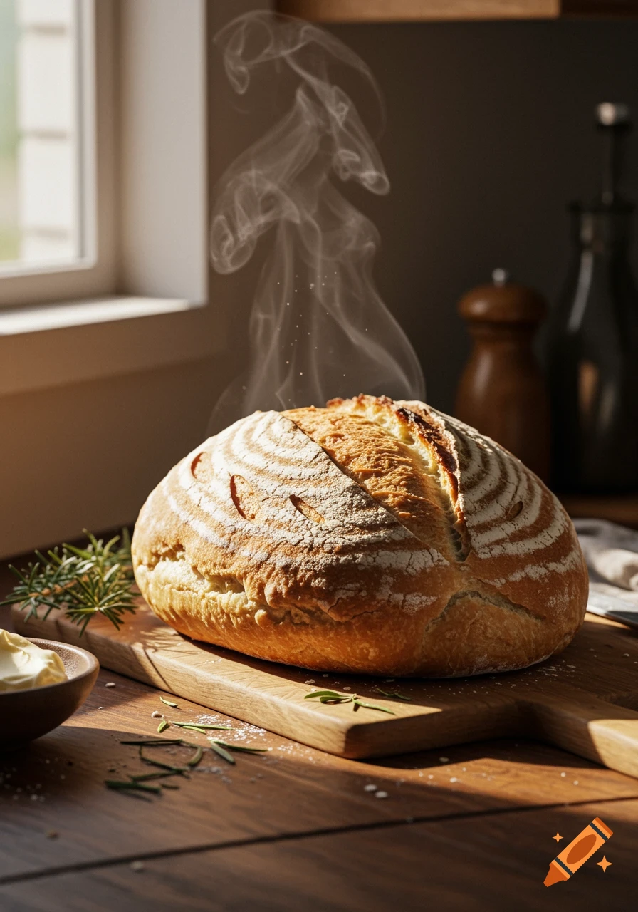 A steaming loaf of fresh bread on a wooden board with butter and rosemary in warm sunlight.