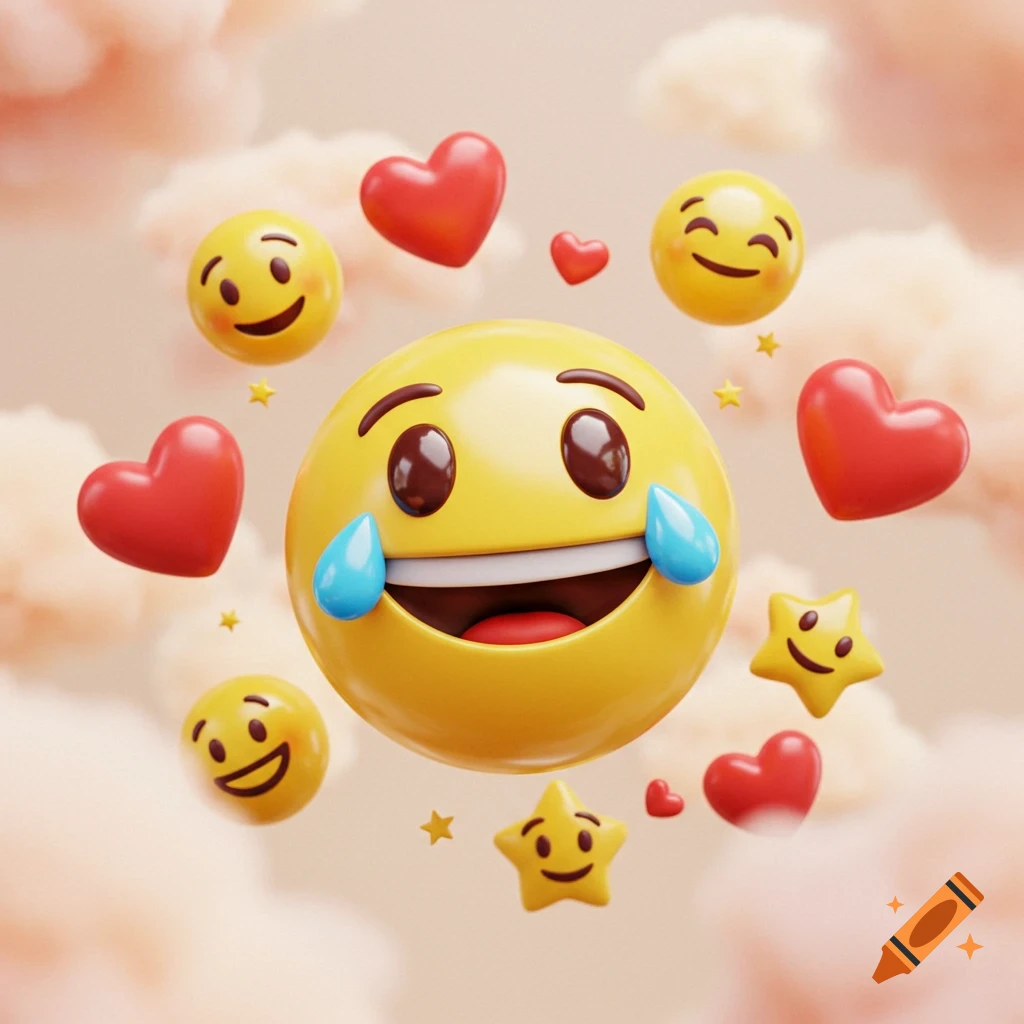 A large laughing-crying emoji surrounded by smaller smiling emojis, red hearts, and yellow stars on a soft pink background.