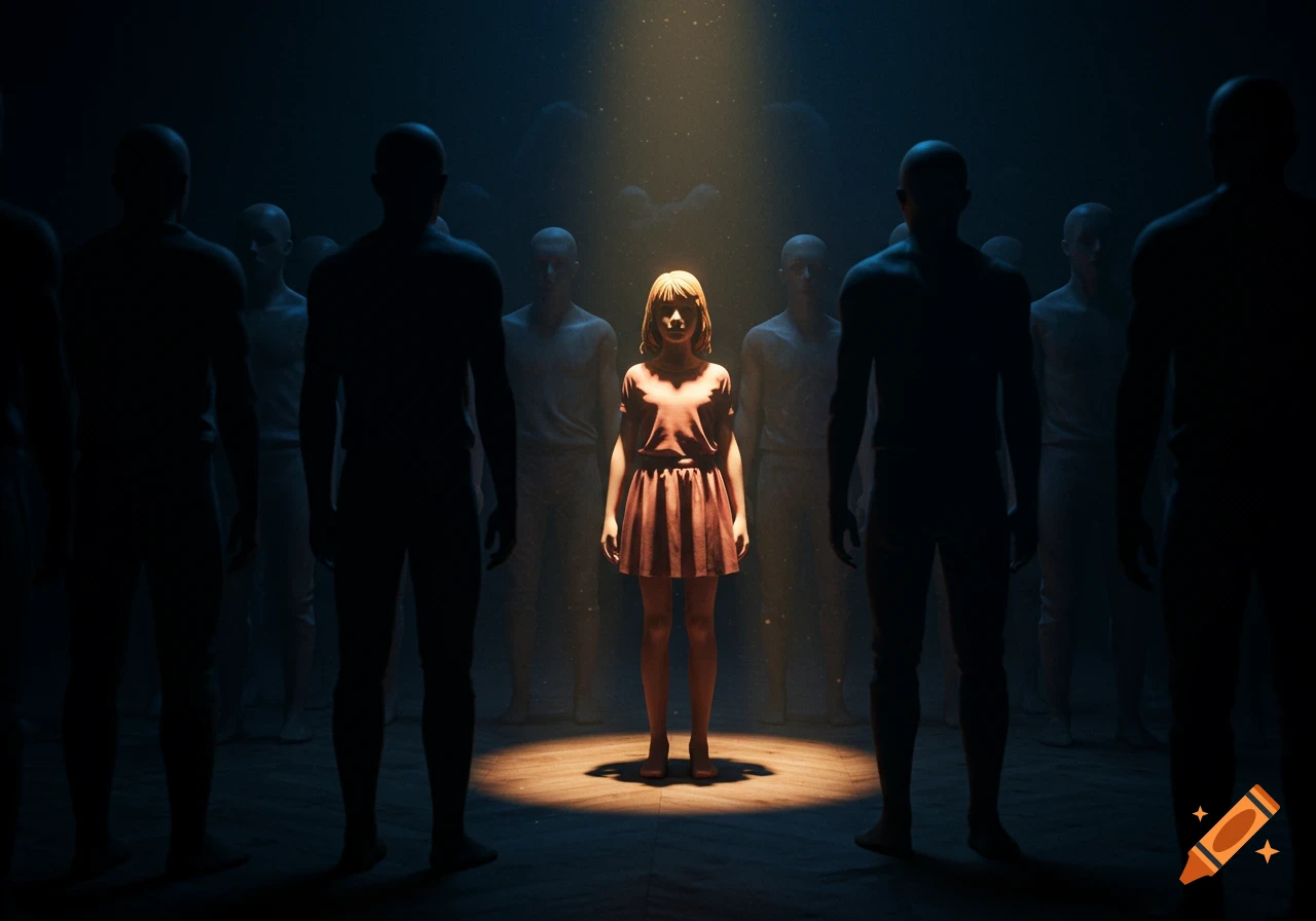 A girl stands in a spotlight surrounded by silhouetted figures in a dark, atmospheric room.