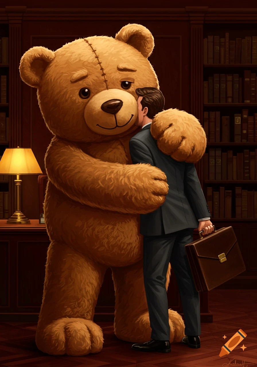 A large brown teddy bear hugs a man in a suit holding a briefcase in a room with a bookshelf and lamp.