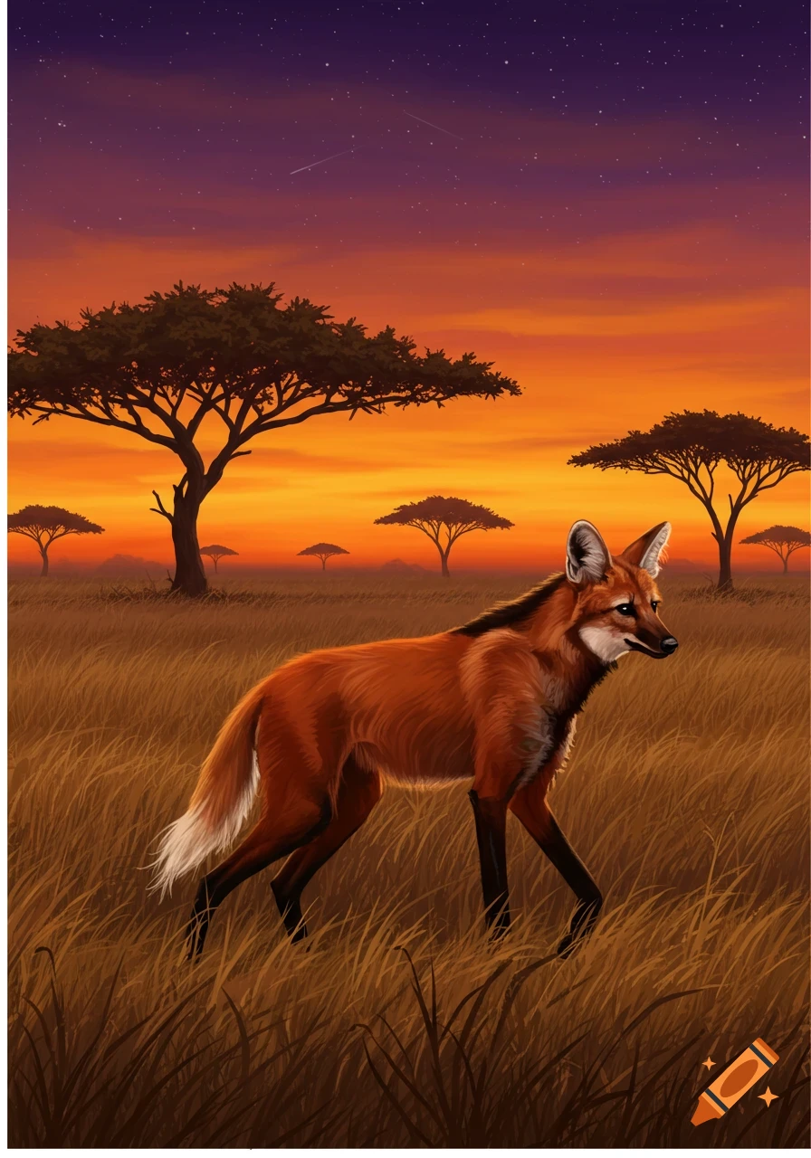 A maned wolf walks through tall golden grass in a savanna at sunset with acacia trees and a starry purple and orange sky.