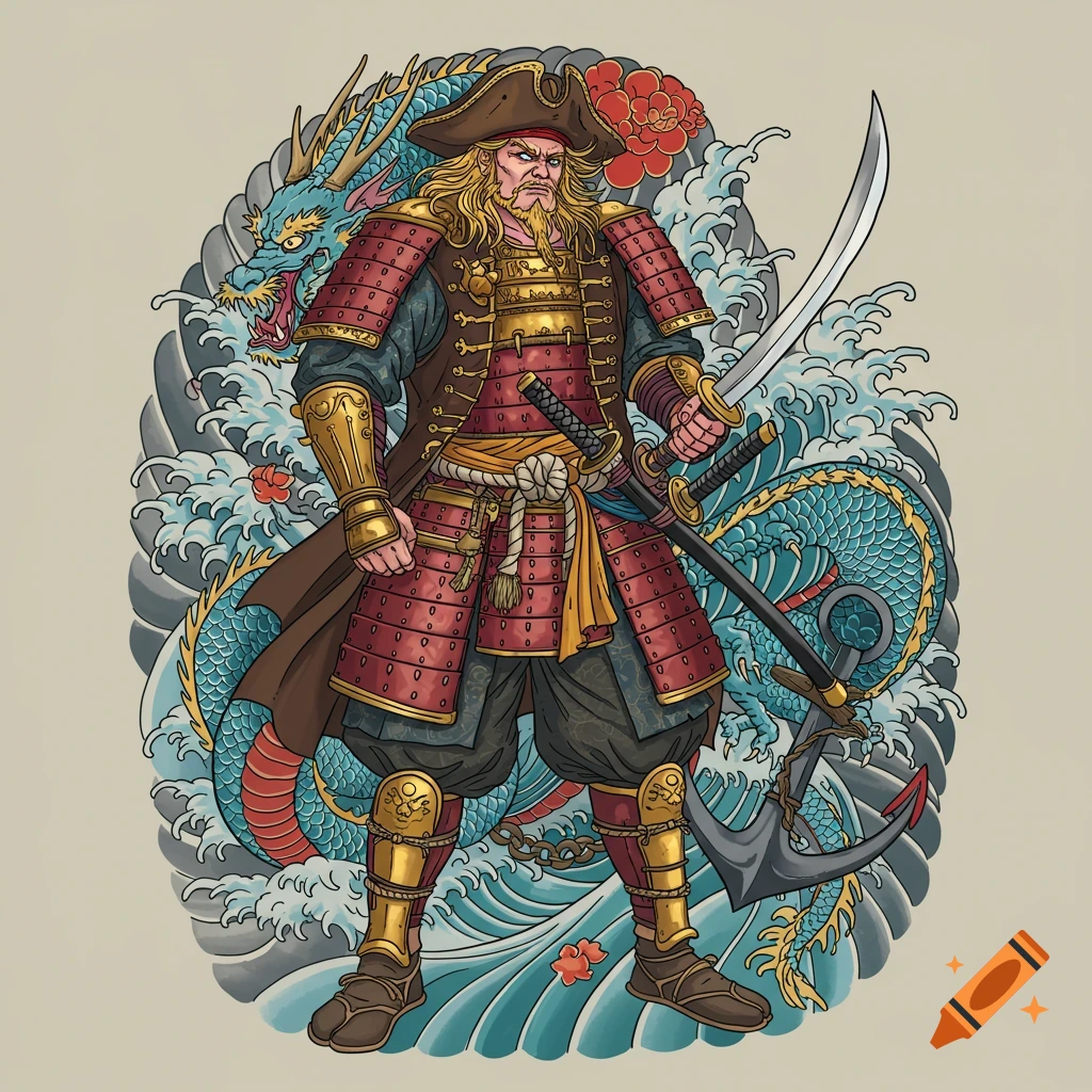 Neo-traditional Japanese art of a blonde pirate samurai in armor with a katana, blue dragon, waves, and anchor.