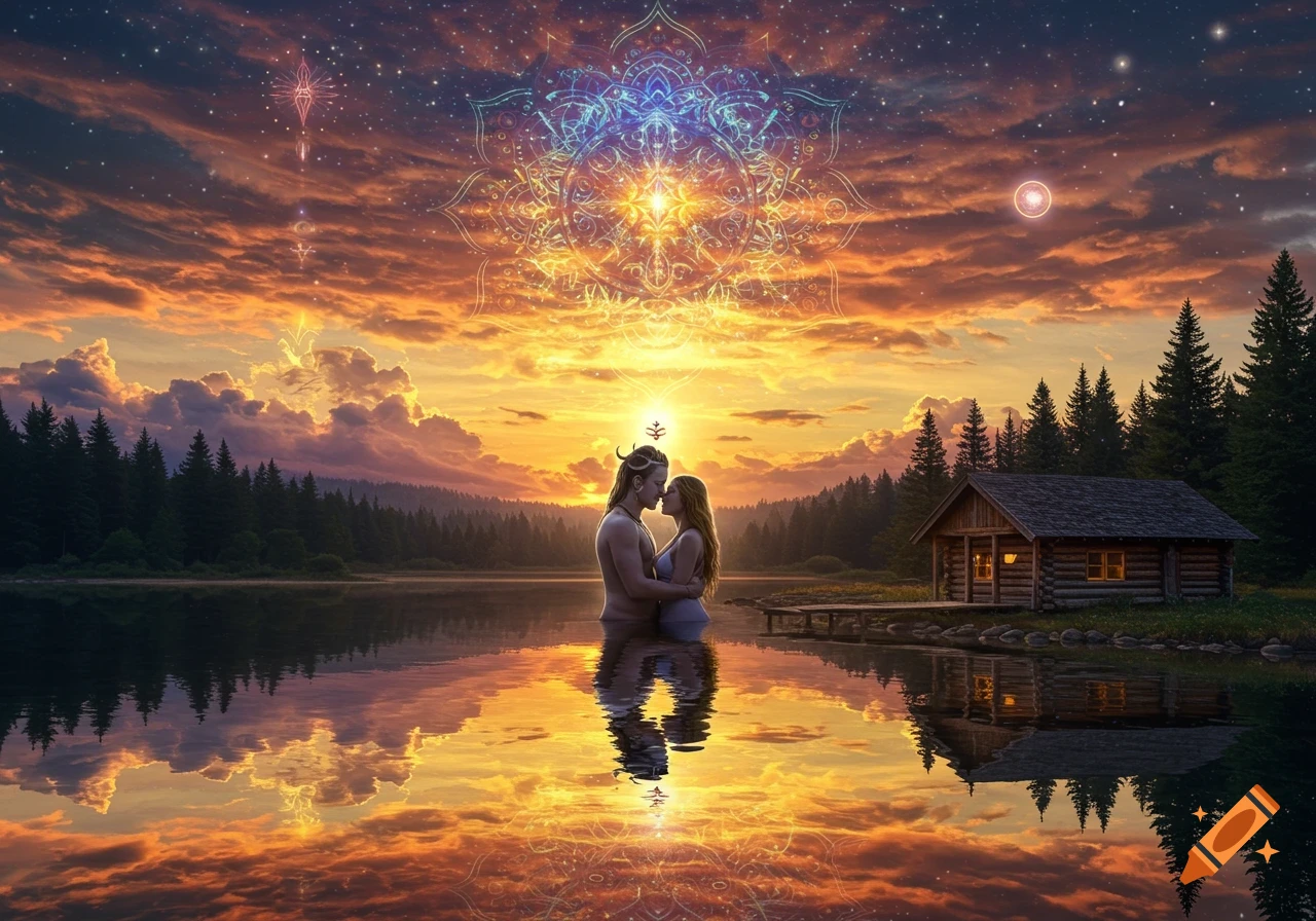 A romantic couple embraces in a lake at sunset, with a glowing spiritual mandala in the sky above a log cabin and forest.