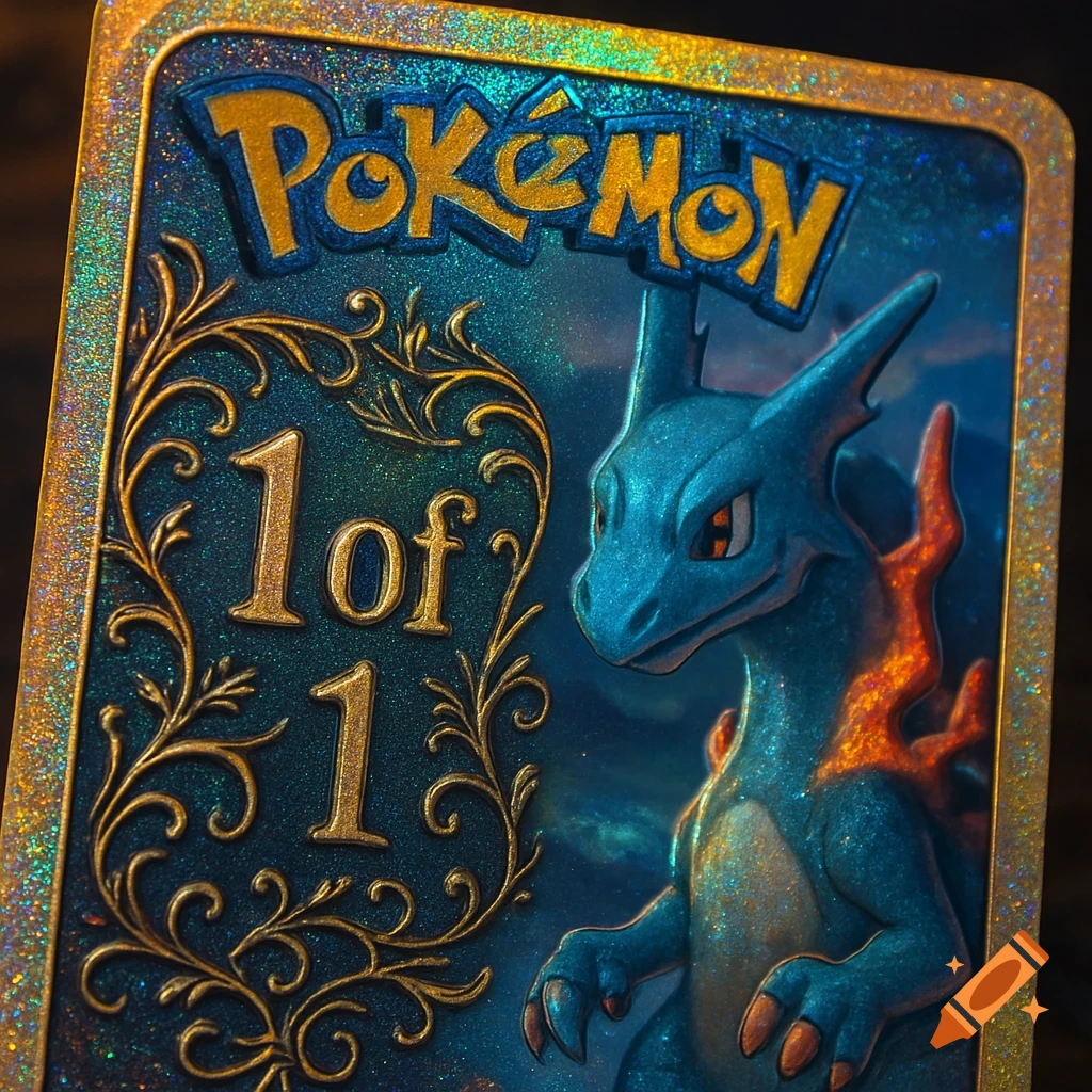 Close-up of an embossed, glittery blue and gold Pokemon trading card featuring a blue dragon-like creature and the text "Pok esmon" and "1 of 1".