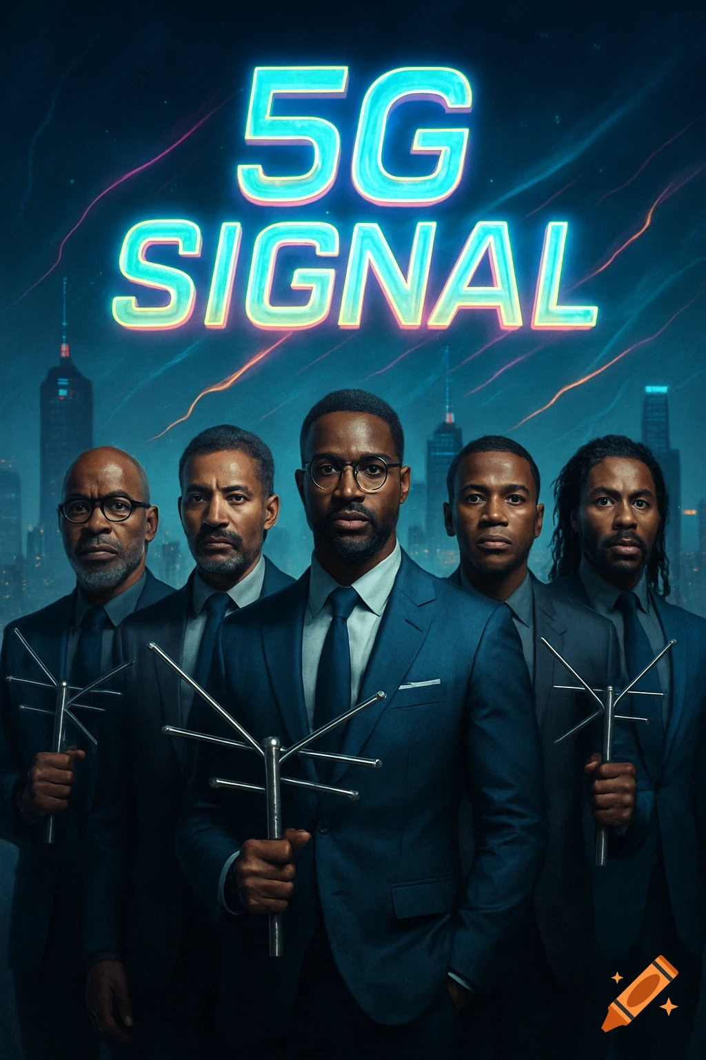 Five Black men in suits hold stylized antennae in front of a glowing city skyline, with '5G SIGNAL' text above them.